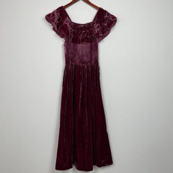 Hill House The Akilah Nap Velvet Silk Midi Ruffle Holiday Dress Burgundy S - Picture 2 of 8
